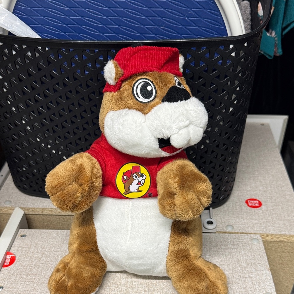 Brown and White Buc-ee Plush Toy with Red Shirt